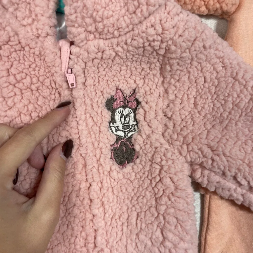 Disney Baby Minnie‎ Mouse Pink Sherpa Fleece Hooded Footed Jumpsuit - SizeNB